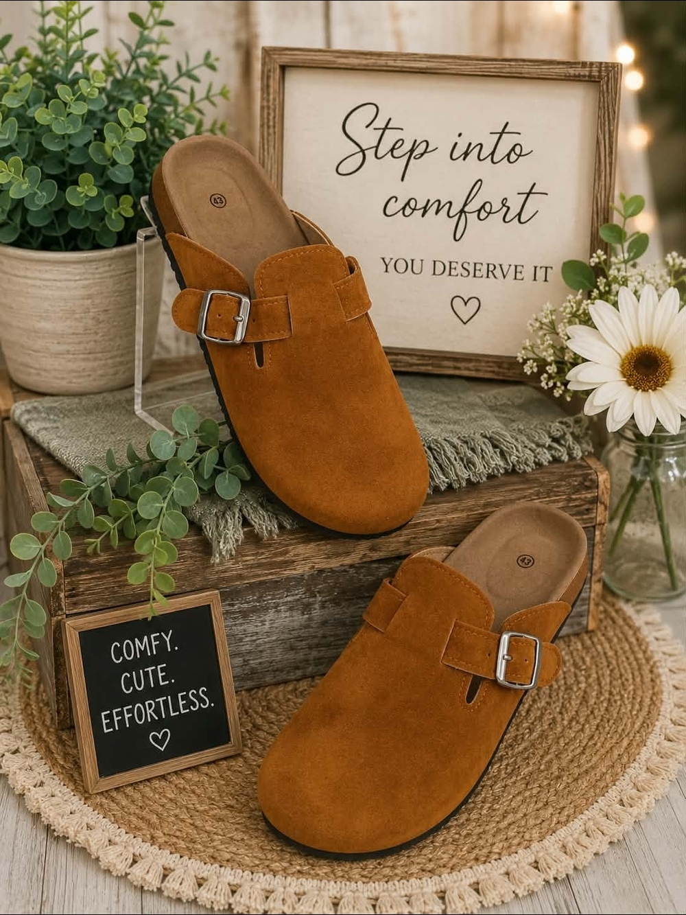Women’s Suede Slip-On Clog Mule with Buckle - Brown